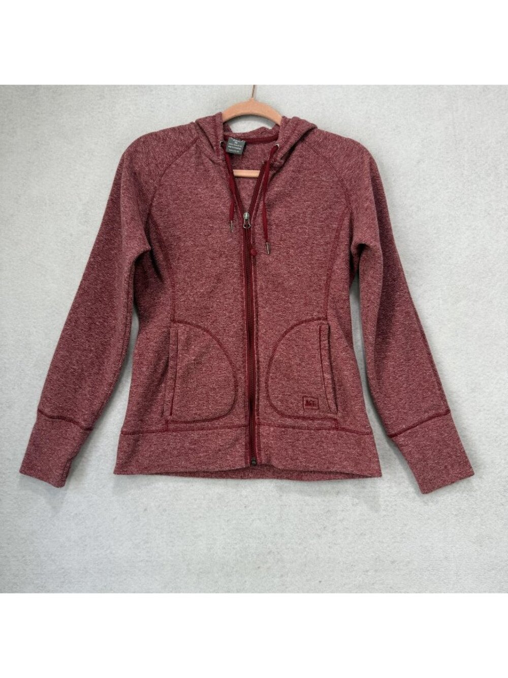 REI Jacket Womens XS Red Fleece Hooded Full Zip Thumbholes Hiking Lightweight